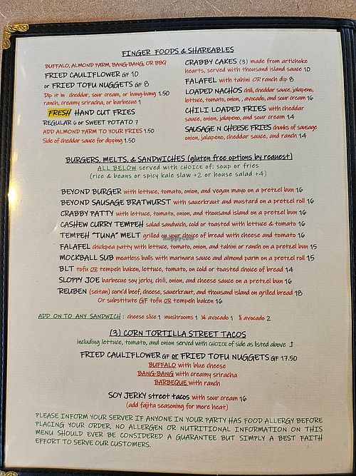 Menu at Thrive Diner in Pittsfield