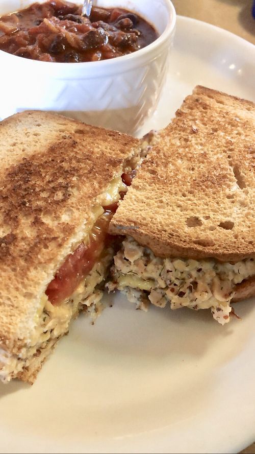 Tempeh “tuna” melt with a bowl of bean chili  at Thrive Diner in Pittsfield