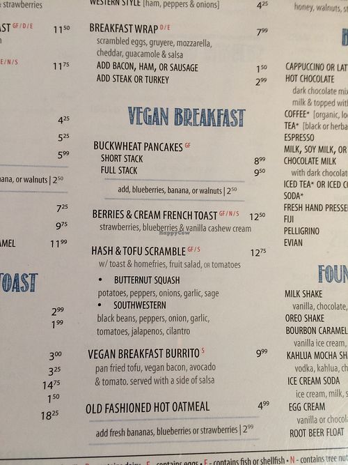 Vegan breakfast menu at Shoreline Diner and Vegetarian Enclave in Guilford