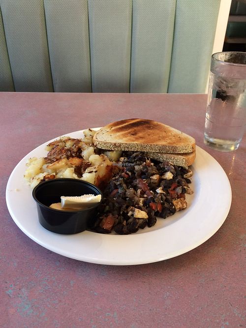 Southwestern hash & tofu scramble w/ homefries & toast at Shoreline Diner and Vegetarian Enclave in Guilford