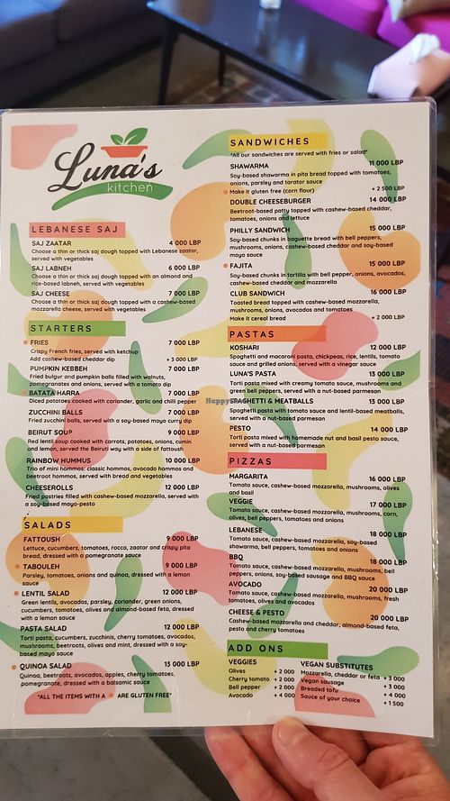 Menu at Luna's Kitchen in Beirut