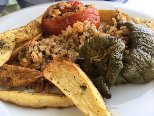 Stuffed tomatoes and peppers at Vassilikos in Santorini