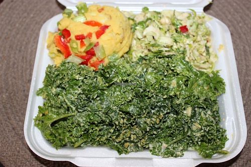 Garlic kale, potato salad, brussel sprouts at Sunshine's Health Food Store and Vegetarian Deli in Houston