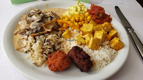 My plate from Hiltl. Not sure what everything is...Züri Geschnetzeltes, channa, tofu egg salad, eggplant based pate, Asian tofu with vegetables, wild rice and jasmine rice. at HILTL - Sihlstrasse in Zurich
