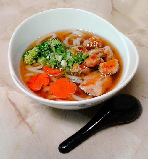 Chicken Udon (Can do a Tempura Udon with only vegetables or Tofu in place of meat) at Osaka Japanese Restaurant in Sundre