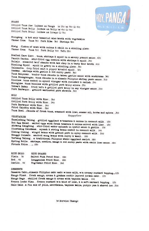 Menu at Hoy Panga in Boracay