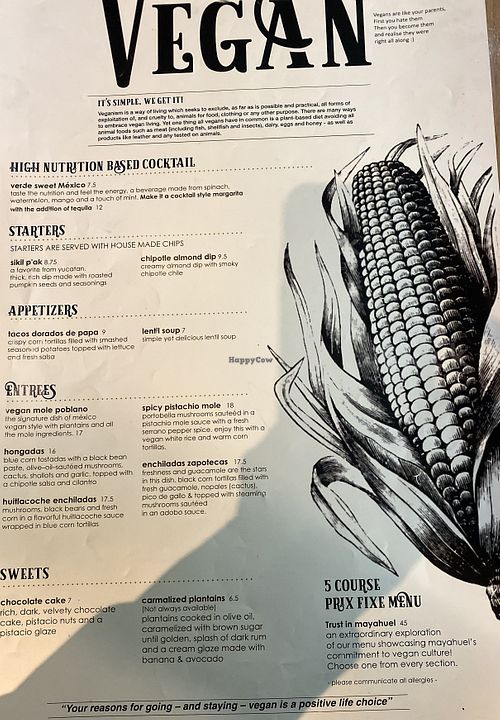 Vegan menu   at Mayahuel in Sacramento