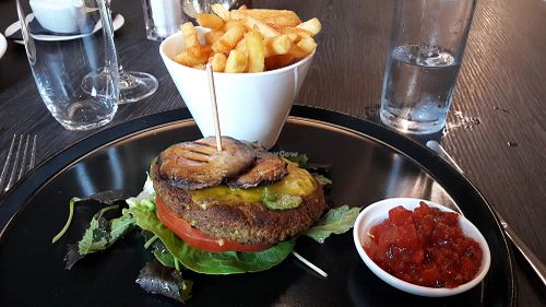 Falafel burger on mushroom bun at Artisan Ribble Valley in Whalley
