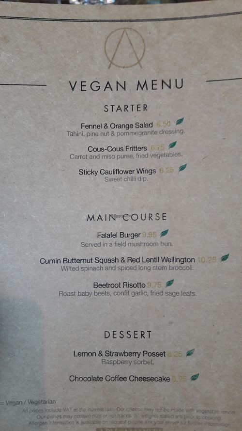 Veganmenu at Artisan Ribble Valley in Whalley