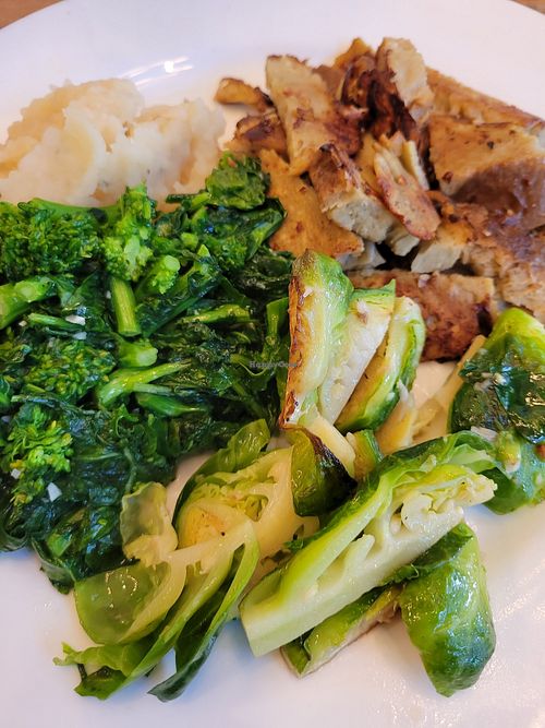 4 combo- Brussels, broccoli, seitan, and mashed potatoes at Blossom Restaurant on Columbus in New York City