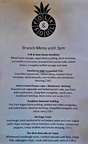 Brunch menu at Folk & Soul in Manchester