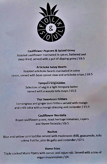 Small plates menu at Folk & Soul in Manchester