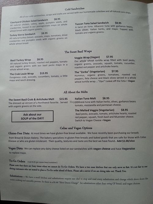 First page of the menu, from June 2014 at Sweet Basil's Cafe in Cannon Beach