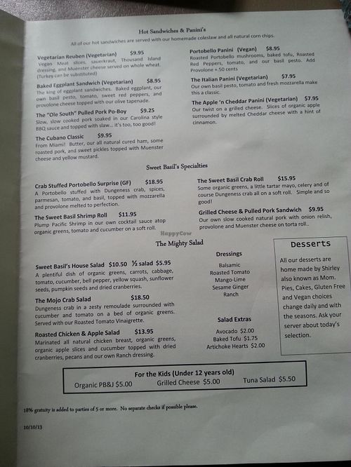 second page of the menu, June 2014 at Sweet Basil's Cafe in Cannon Beach