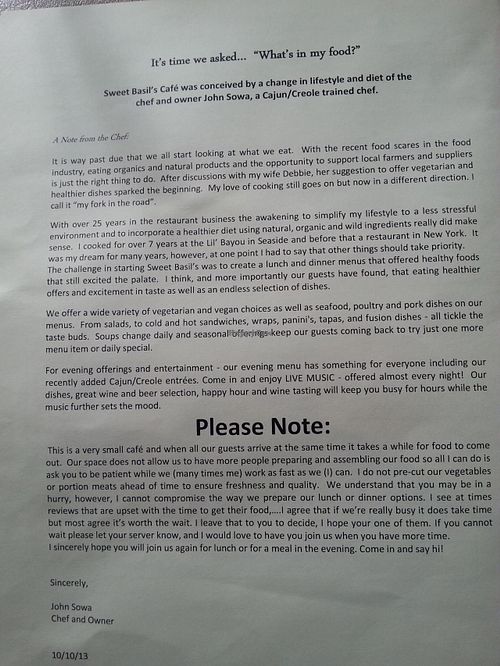 letter from the chef and owner, included in the menu at Sweet Basil's Cafe in Cannon Beach