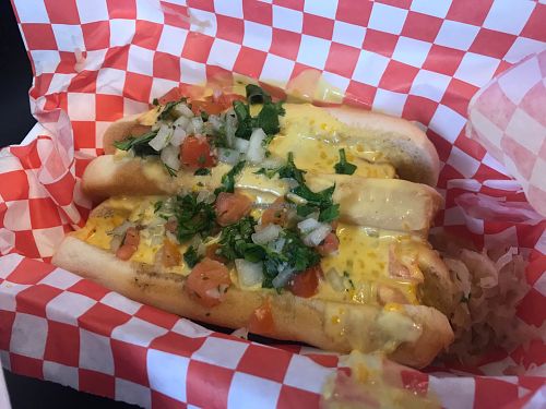 Vegan hot dog. Comes with lots of cheesy sauce. at Da Munchies in Dallas