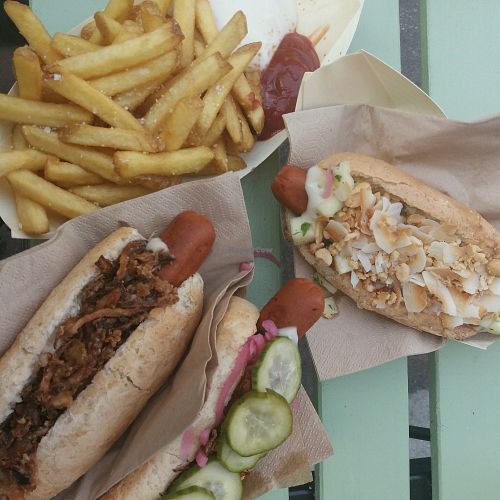 hotdog and fries at Plantepølsen in Copenhagen