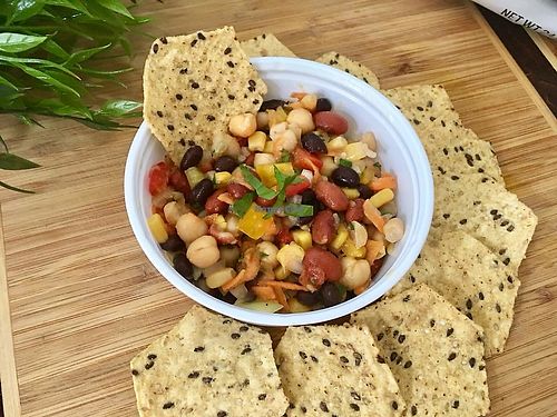 Bean salad with gluten free chips at Frescura PR in Catano