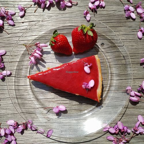 White chocolate cake with strawberry sauce at Delikaktus in Loerrach