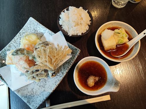 Agedashi tofu, vegetable tempura with dipping sauce and rice at Etsu in Liverpool