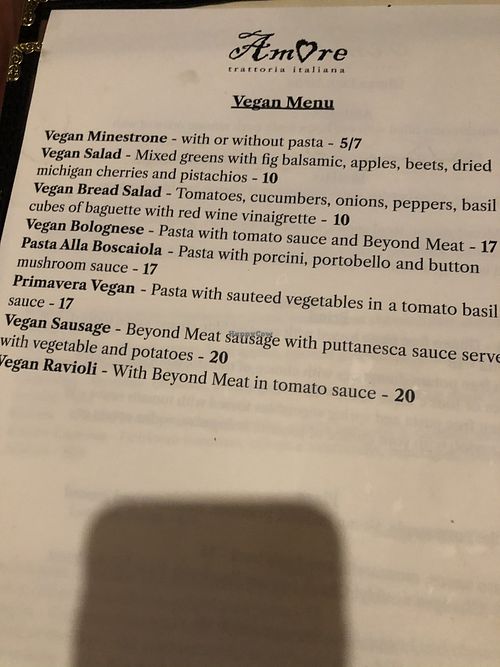 Vegan menu at Amore in Grand Rapids