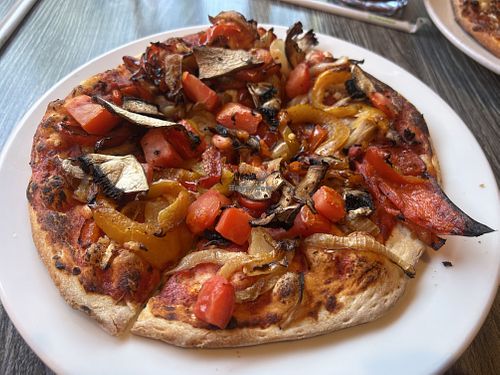 Roasted veggie pizza without cheese   at Base Camp Pizza Co in South Lake Tahoe