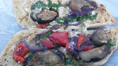 Hummus, roasted maple aubergine peppers and red onions sandwich  at Hive Coffee Company in Jarrow