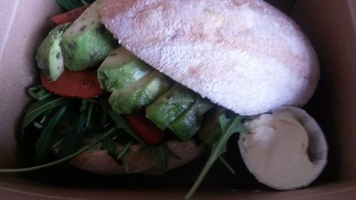 Avocado, bacon, rocket and spicy tomato chutney sandwich at Hive Coffee Company in Jarrow