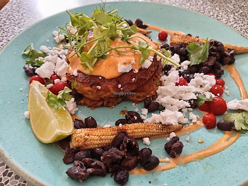 Sweet potato, fritters with lime, peppers, beans, rocket and vegan feta at Hive Coffee Company in Jarrow
