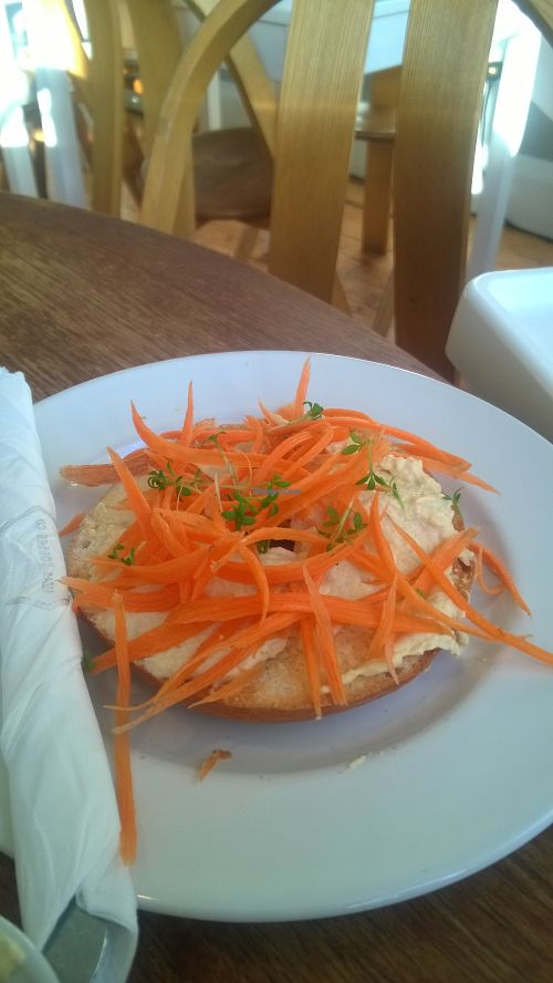 Kids meal (bagel, hummus & carrot) at Hive Coffee Company in Jarrow