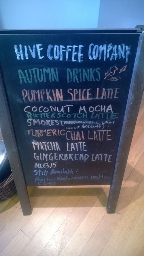 Autumn drinks (soya, almond, oat plant milks available) at Hive Coffee Company in Jarrow