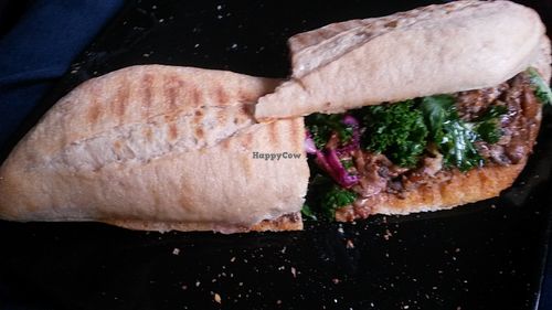 Pulled mushroom sandwich with red cabbage, kale, sweet potato and mustard dressing at Hive Coffee Company in Jarrow