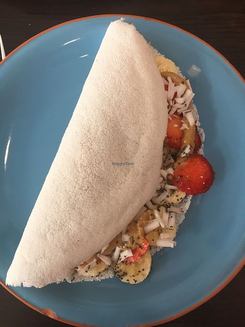 Sweet tapioca crepe with peanut butter, banana, strawberry and shredded coconut at Ohlinda in Lisbon