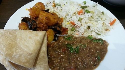 Tarka Dhal, dried curried aubergine potato Aloo bathau sabji and roti  at The Tasty Vegan Food Company in Sunderland