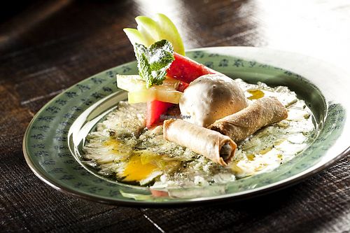 Pineapple Carpaccio, Chocolate Loempia and Vanilla Ice Cream at Boa-Bao in Lisbon