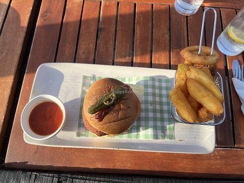 vegan burger and chips  at The Woodman in North London