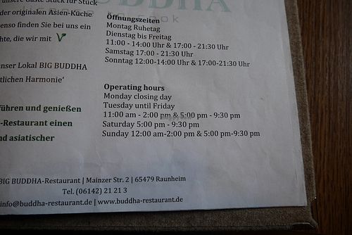 Menu at Big Buddah in Raunheim