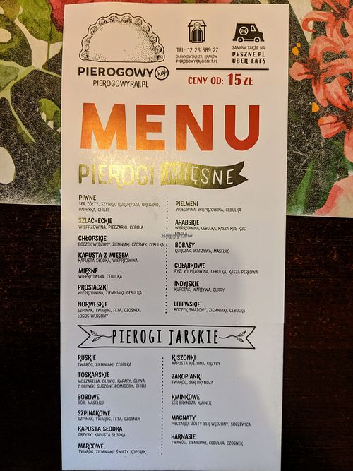 Menu side 1 at Pierogowy Raj in Krakow