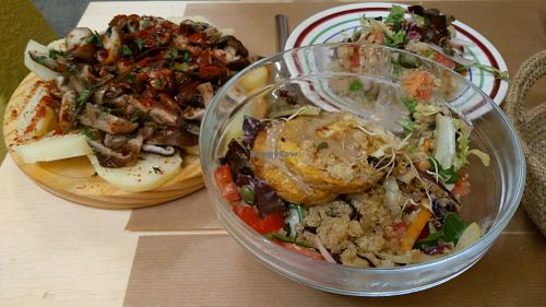 Tempeh salad and shiitake mushroom and potato dish  at TxuKrut Bar in Bilbao