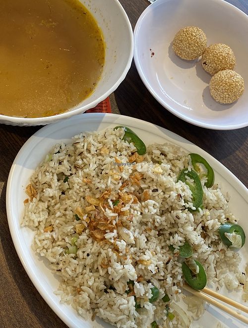 Gluten-free fried rice, Spicy lemongrass broth, sesame balls  at DD MAU in Maryland Heights
