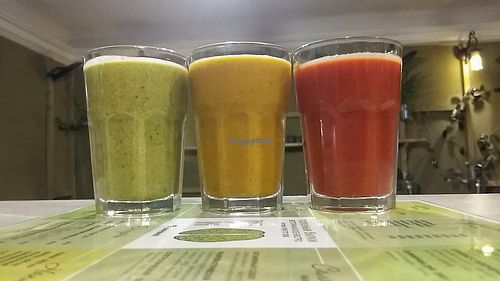 1. GREEN CREAM SOUP - Spicy and slightly sweet soup-puree based on greenery with the addition of tofu
2.GAJAR MATAR DAL - Delicate cream soup made of yellow peas with the addition of traditional Indian spices
3. BORSHCH PURE - Whipped classic vegetarian borsch
 at Poleznye Belki Vegetarian Bistro in Odessa