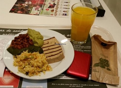 Grilled tofu, brown rice, brocoli cream, spinach cream and beans at Celeiro - Republica in Lisbon