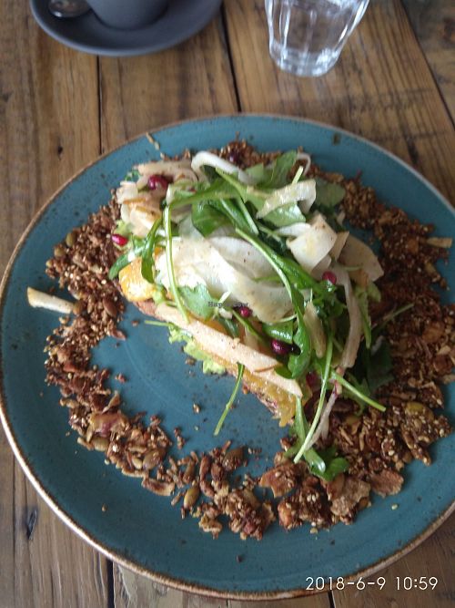 Smashed avo with fennel, pear, pomegranate and dukka. at BeanStation Cafe in Wodonga