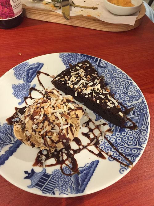 Chocolate cake with caramel ice cream :) at Confusion Plant Based Kitchen in Hong Kong Island