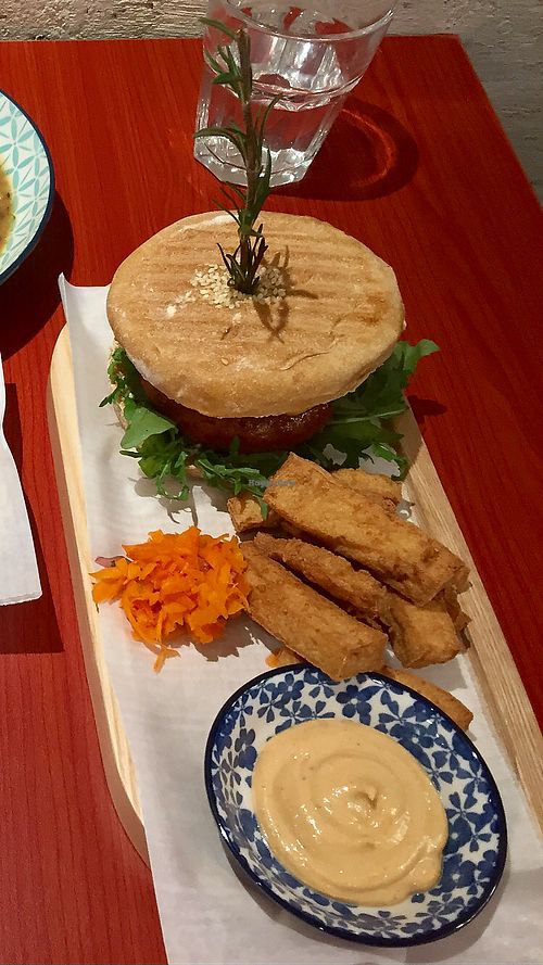 Beyond Burger with homemade sauces, sauerkraut and tofu chips at Confusion Plant Based Kitchen in Hong Kong Island
