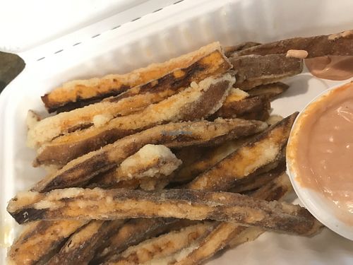 Sweet potatoe fries, hand cut, best ever  at Flourish Plant-Based Kitchen - Food Truck in Portland