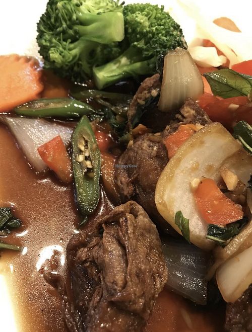 Spicy Roasted Tofu Basil Spice level 5 with fresh jalapeños   at Monsoon Siam in Madison