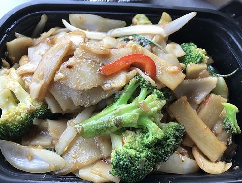 Drunken Noodles no meat extra spicy, added broccoli   at Monsoon Siam in Madison