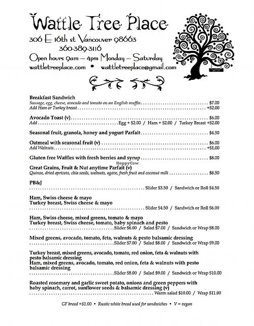 Menu 1 at Wattle Tree Place in Vancouver