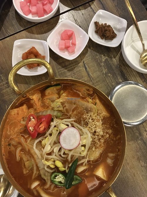 Jjampong: chewy noodles with crispy vegetables and tofu in a spicy broth.   at Daehwa Vegetarian in Central Singapore